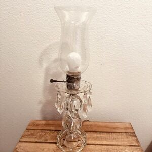 VINTAGE GLASS‎ ROUND HURRICANE TABLE LAMP WITH CRYSTAL PRISMS